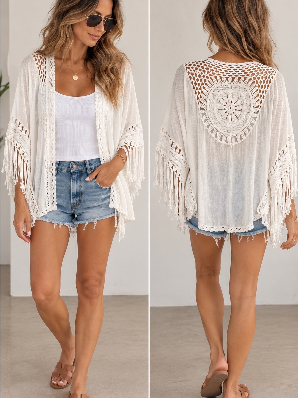 White Boho Crochet Fringe Kimono Open Front Cover Up One Size